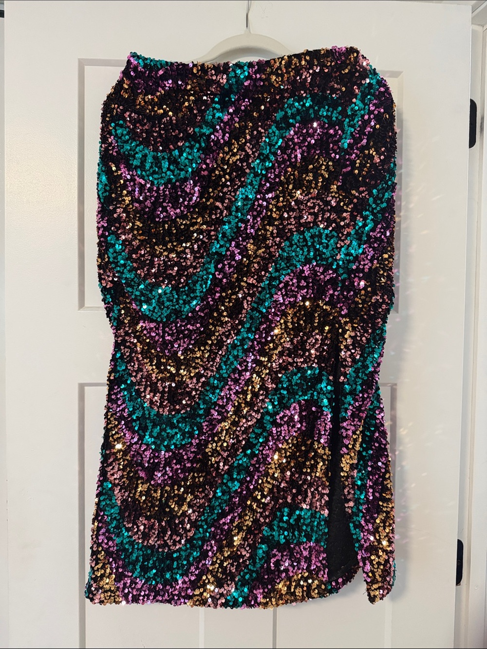 Multicolor Sequin Midi Penci Skirt - Black Base with Teal, Purple & Gold Sequins
